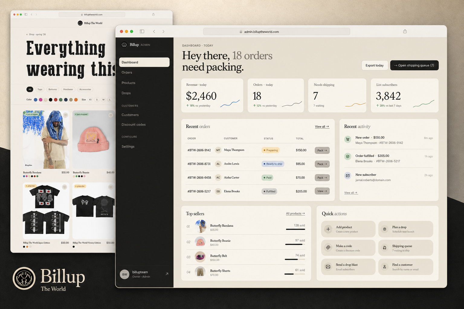 Billup storefront and populated commerce admin dashboard
