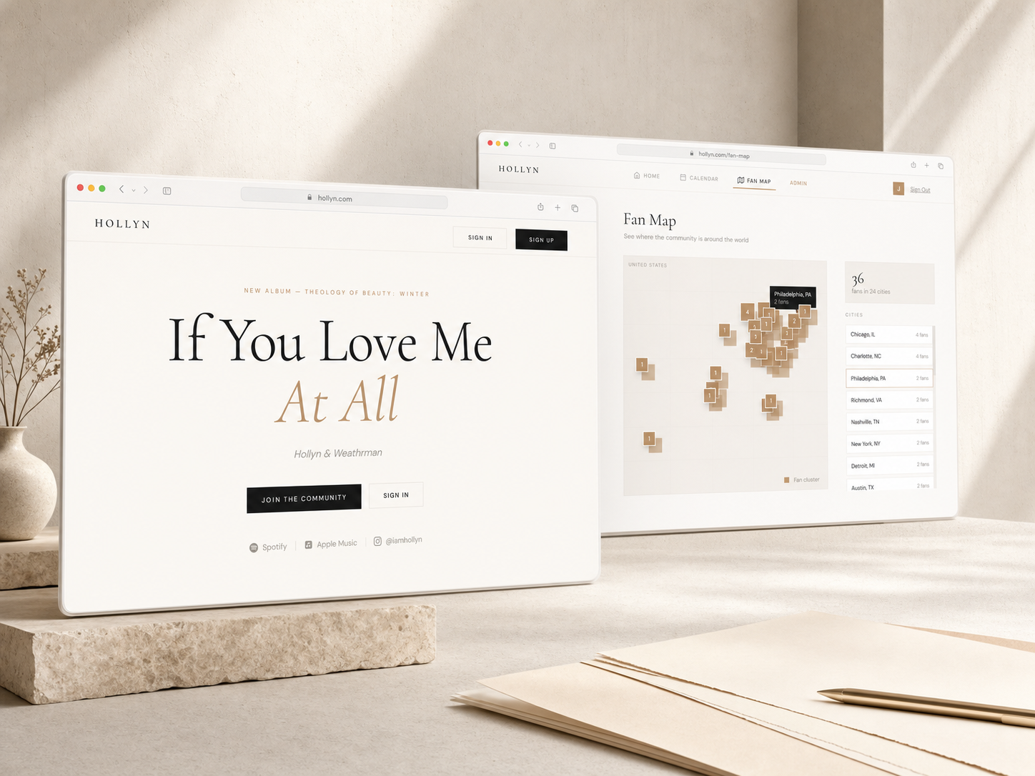 Hollyn music launch landing page and fan-map community dashboard