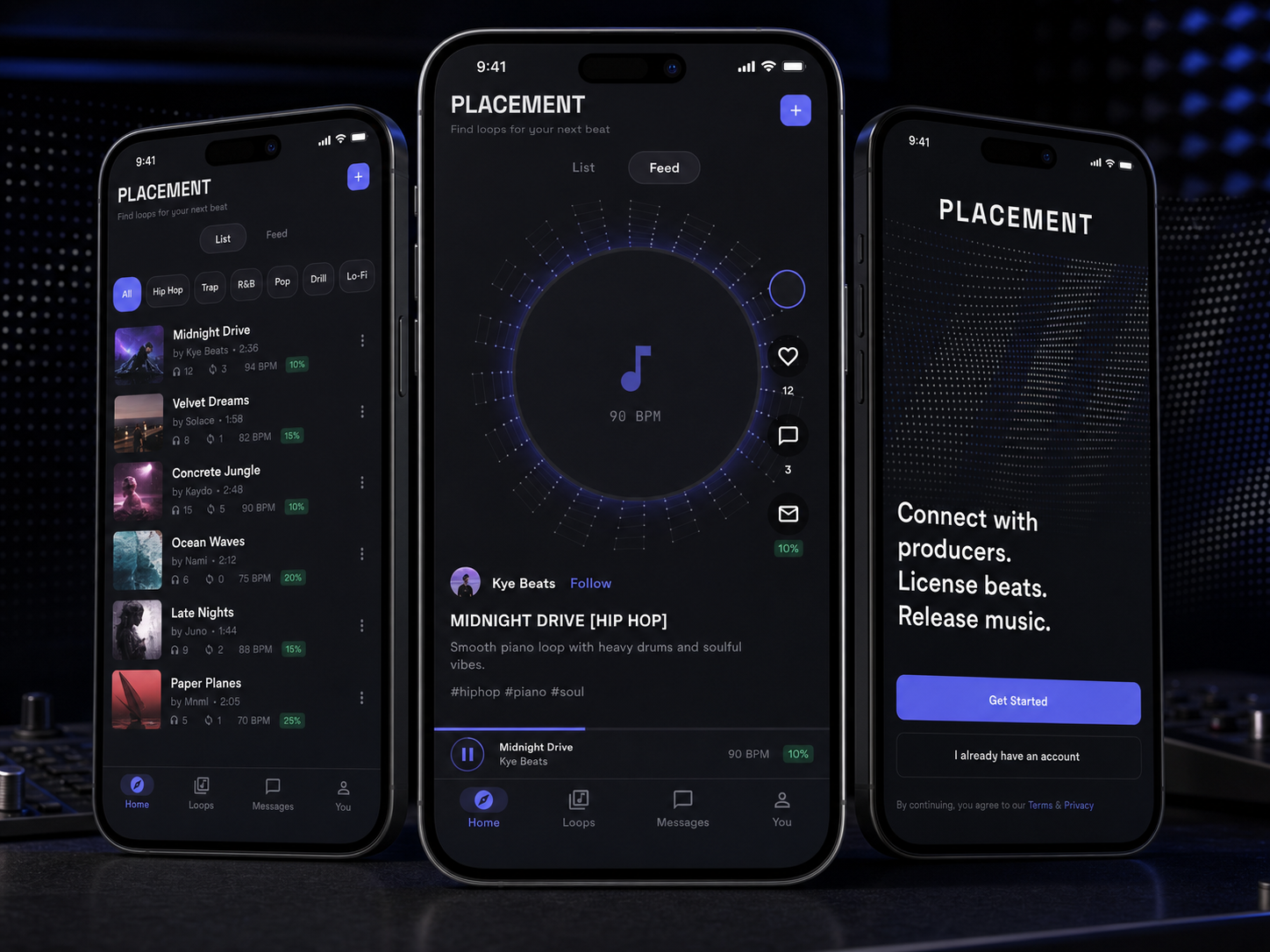 Placement producer loop list, immersive audio feed, and onboarding screens