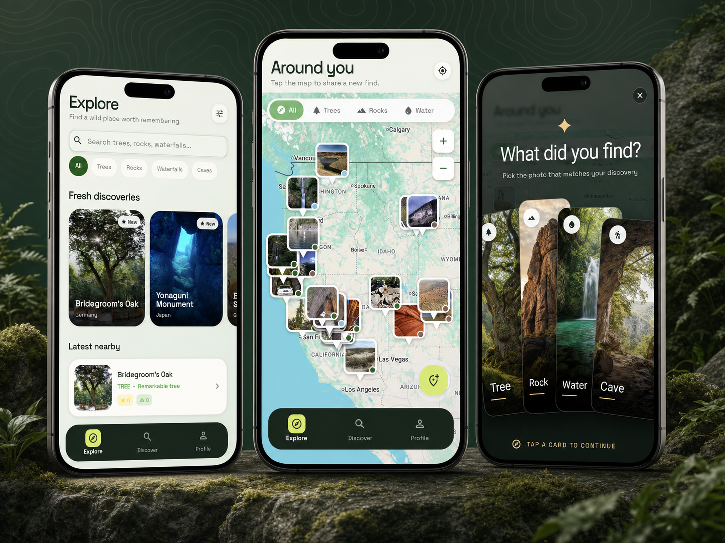 Scampr nature map, discovery feed, and photo contribution screens