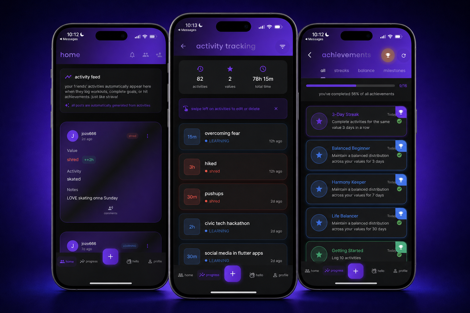 Tugg app home, activity tracking, and achievements screens